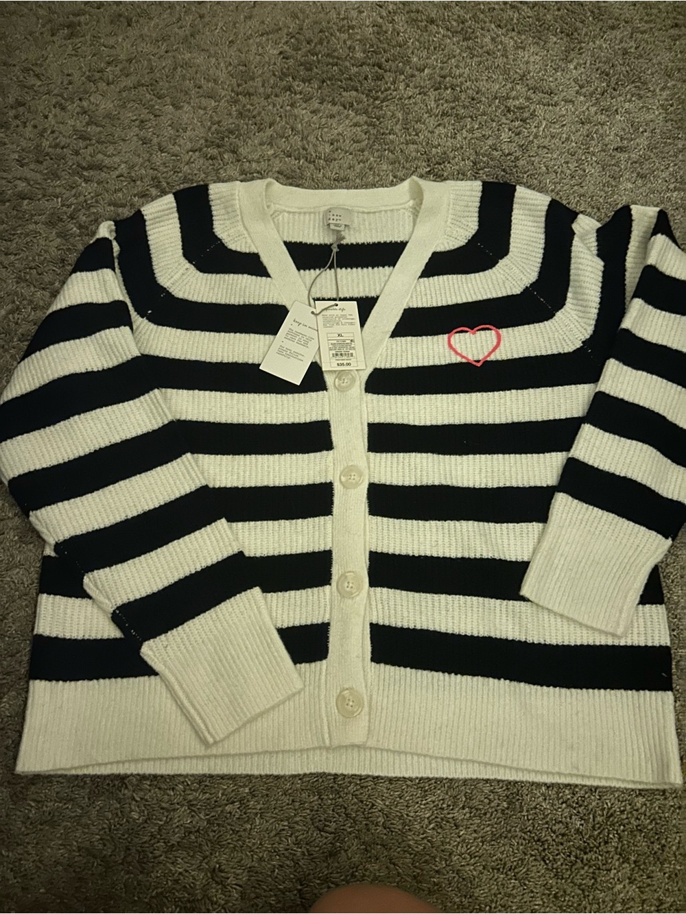 a new day Black & White Striped V‑Neck Button Cardigan with Pink Heart